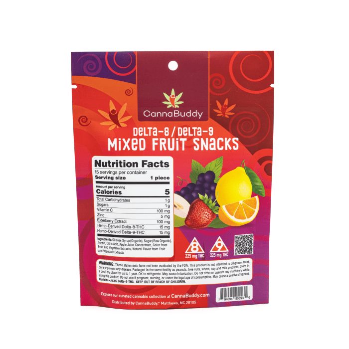 CannaBuddy Delta-8 Delta-9 Mixed Fruit Snacks (225 mg Total Delta-8-THC + 225 mg Total Delta-9-THC) - Bag Back