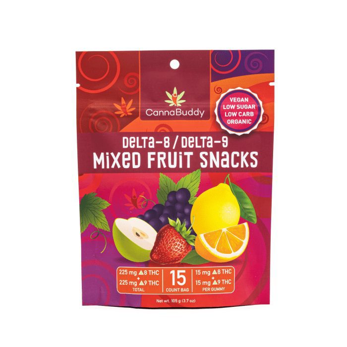 CannaBuddy Delta-8 Delta-9 Mixed Fruit Snacks (225 mg Total Delta-8-THC + 225 mg Total Delta-9-THC) - Bag Front