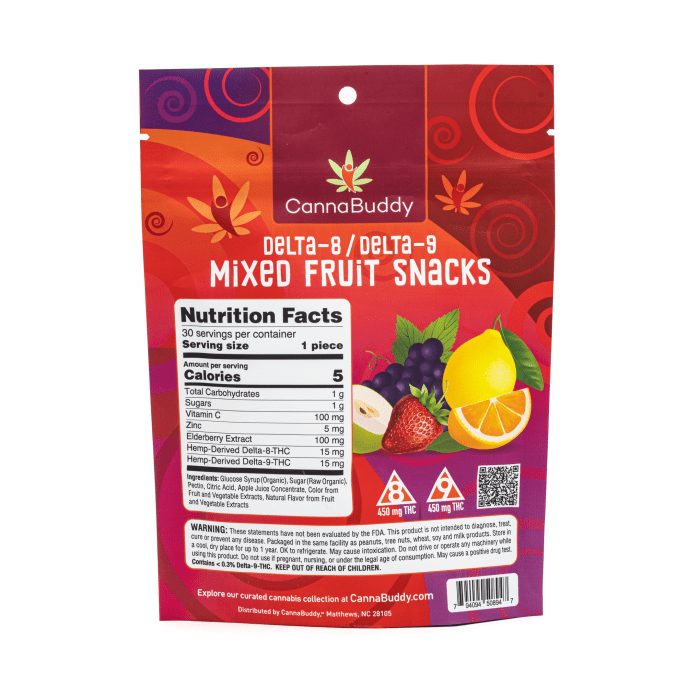 CannaBuddy Delta-8 Delta-9 Mixed Fruit Snacks (450 mg Total Delta-8-THC + 450 mg Total Delta-9-THC) - Bag Back