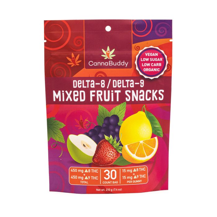CannaBuddy Delta-8 Delta-9 Mixed Fruit Snacks (450 mg Total Delta-8-THC + 450 mg Total Delta-9-THC) - Bag Front