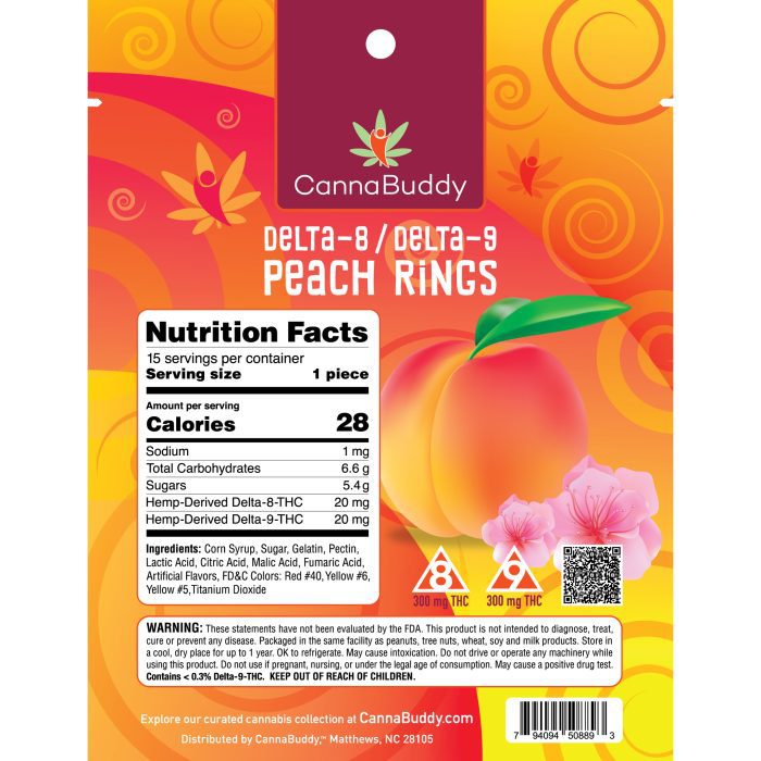 CannaBuddy Delta-8 Delta-9 Peach Rings (300 mg Total Delta-8-THC + 300 mg Total Delta-9-THC) Back of Pouch