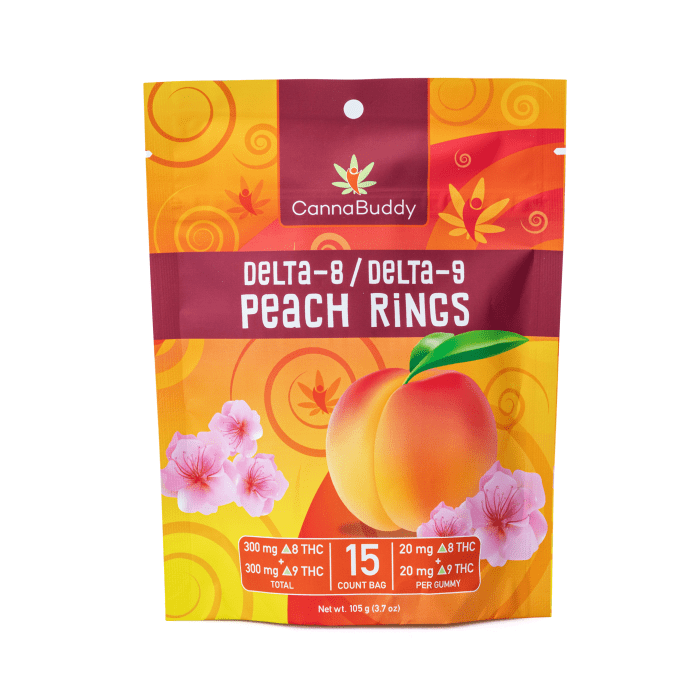 CannaBuddy Delta-8 Delta-9 Peach Rings (300 mg Total Delta-8-THC + 300 mg Total Delta-9-THC) - Bag Front 2