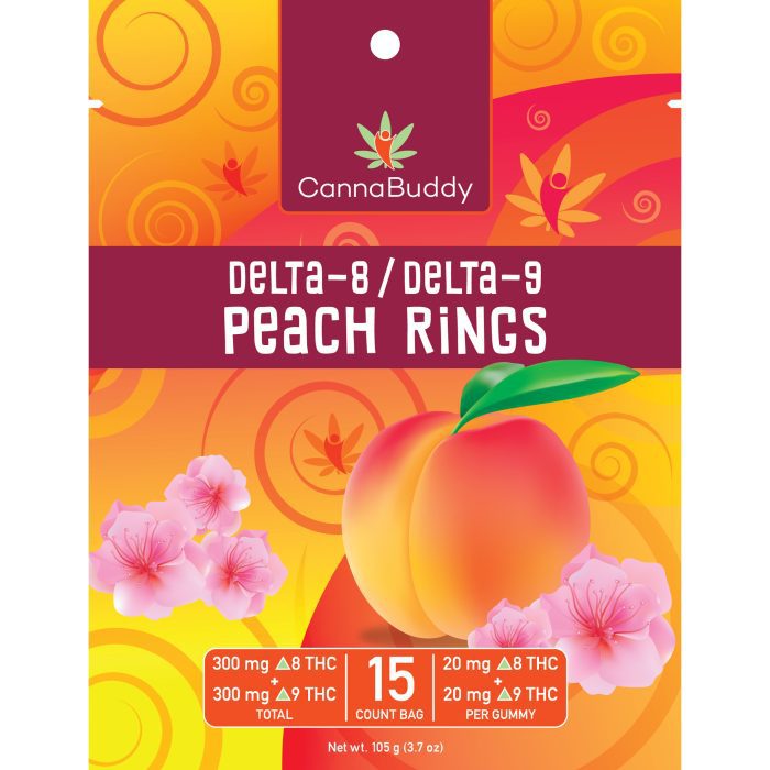 CannaBuddy Delta-8 Delta-9 Peach Rings (300 mg Total Delta-8-THC + 300 mg Total Delta-9-THC) Front of Pouch