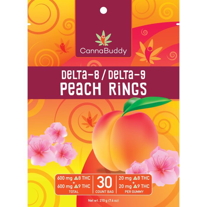 CannaBuddy Delta-8 Delta-9 Peach Rings (600 mg Total Delta-8-THC + 600 mg Total Delta-9-THC) Front of Pouch