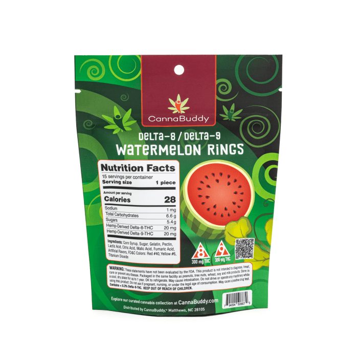 CannaBuddy Delta-8 Delta-9 Watermelon Rings (300 mg Total Delta-8-THC + 300 mg Total Delta-9-THC) - Bag Back