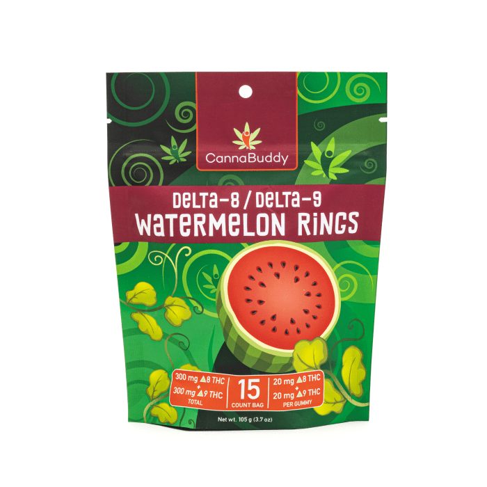 CannaBuddy Delta-8 Delta-9 Watermelon Rings (300 mg Total Delta-8-THC + 300 mg Total Delta-9-THC) - Bag Front