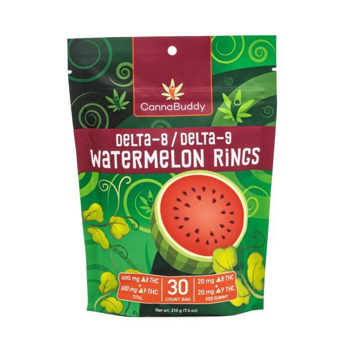 CannaBuddy Delta-8 Delta-9 Watermelon Rings (600 mg Total Delta-8-THC + 600 mg Total Delta-9-THC) - Bag Front