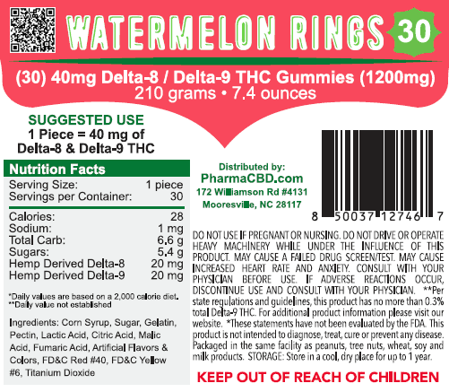 PharmaCBD Delta-8 - Delta-9 Watermelon Rings 30