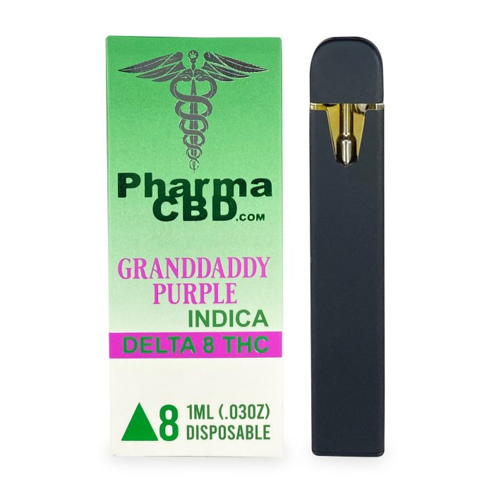 PharmaCBD Granddaddy Purple Delta-8-THC Disposable Vape Pen Box and Pen