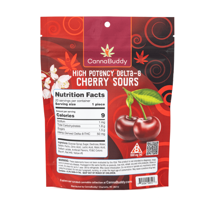 CannaBuddy High Potency Delta-8 Cherry Sours (1000 mg Total Delta-8-THC) - Bag Back