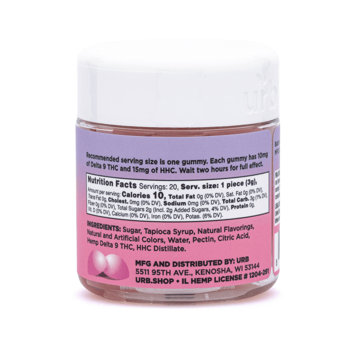 Urb Delta-9-THC HHC Live Resin Gummies - Hibiscus Watermelon (200 mg Total Delta-9-THC + 300 mg Total HHC) - Jar Back