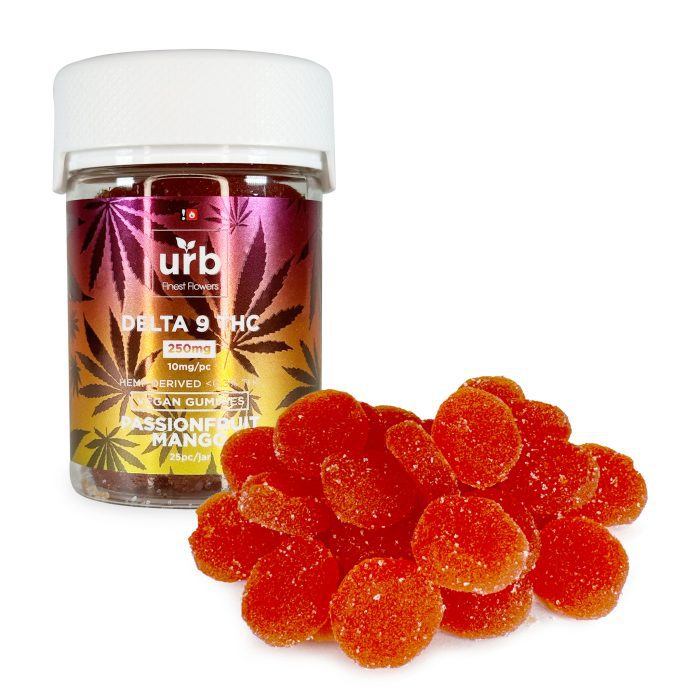 Urb Delta-9-THC Gummies – Passionfruit Mango 250 mg Total Delta-9-THC Package Front Out of Package