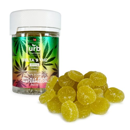 Urb Delta-9-THC Gummies – Prickly Pear Watermelon 250 mg Total Delta-9-THC Package Front Out of Package