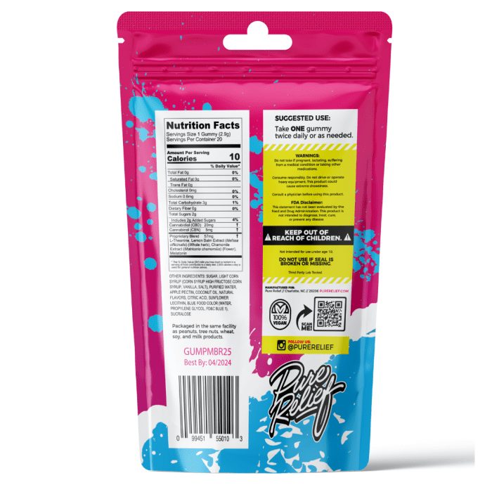 Pure Relief Sleep CBD Gummies - Blue Raspberry (400 mg Total CBD + 100 mg Total CBN) Back of Package