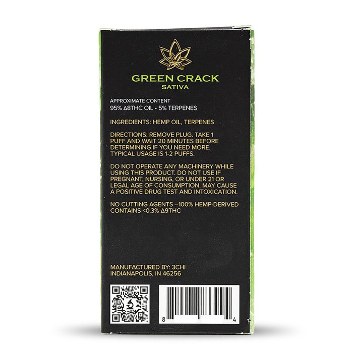 3Chi Delta-8-THC Disposable Vape Pen - Green Crack Box Back