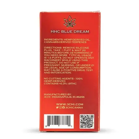 3Chi HHC Disposable Vape Pen – Blue Dream - Box Back