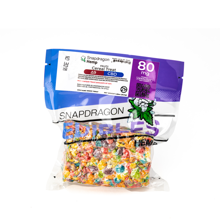 Snapdragon Delta-9 Live Resin and CBD Fruity Cereal Treat 38 mg Delta-9-THC / 40 mg CBD - In Package Front