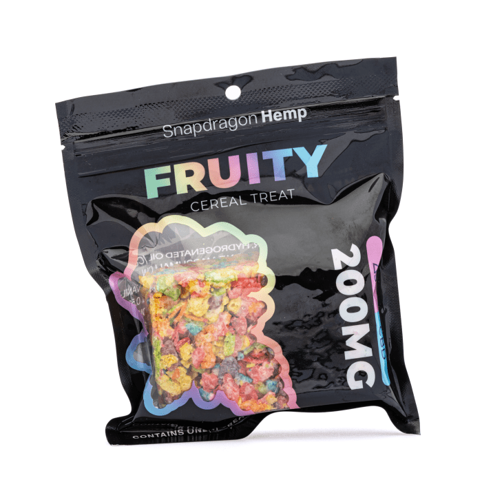 Snapdragon High Potency Delta-9 Live Resin and CBD Fruity Cereal Treat (111 mg Delta-9-THC + 108 mg CBD) - Bag Front