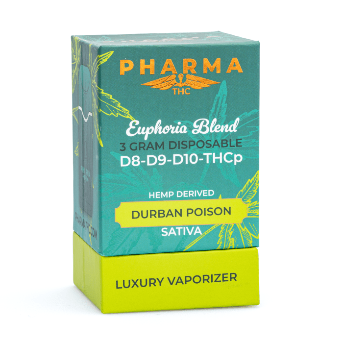 PharmaTHC Delta-8, Delta-9, Delta-10 & THCP Disposable Vape - Durban Poison (3 grams) - Box Front