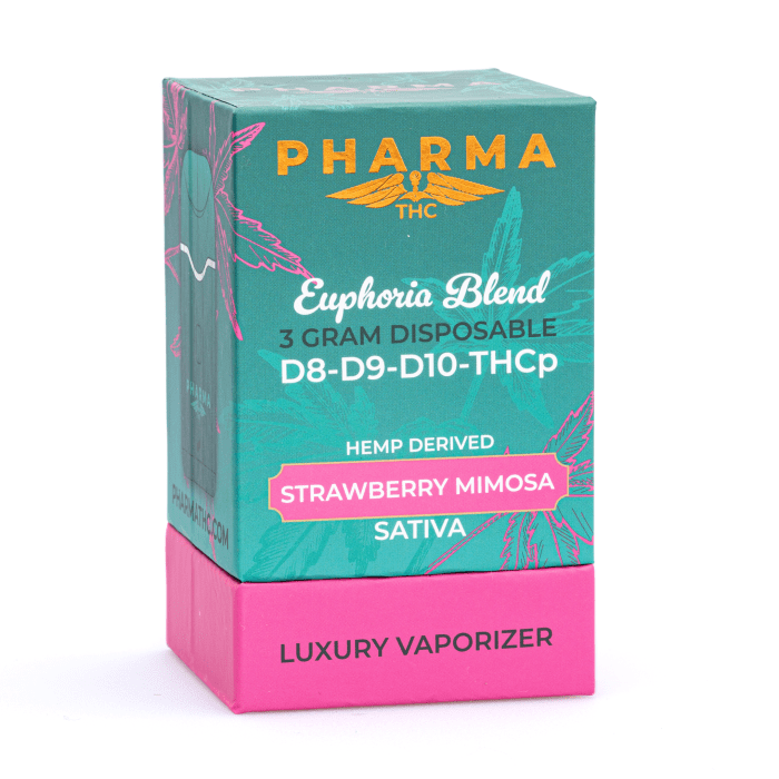 PharmaTHC Delta-8, Delta-9, Delta-10 & THCP Disposable Vape - Strawberry Mimosa (3 grams) Box Front