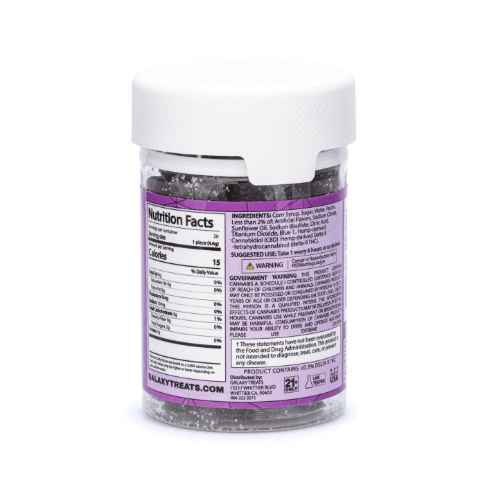Galaxy Treats Moon Babies Delta-9-THC Gummies - Purple Punch (200 mg Total Delta-9-THC + 280 mg Total CBD) - Bottle Back
