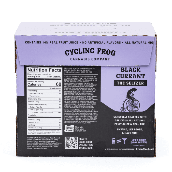 Cycling Frog THC + CBD Seltzer 6 Pack – Black Currant (30 mg Delta 9 THC + 60 mg CBD Total) - box back
