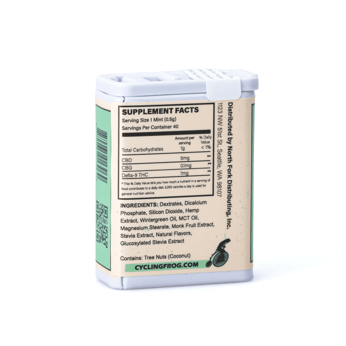 Cycling Frog Wintergreen Mints (40 mg Delta-9-THC + 200 mg CBD Total) - Box Back