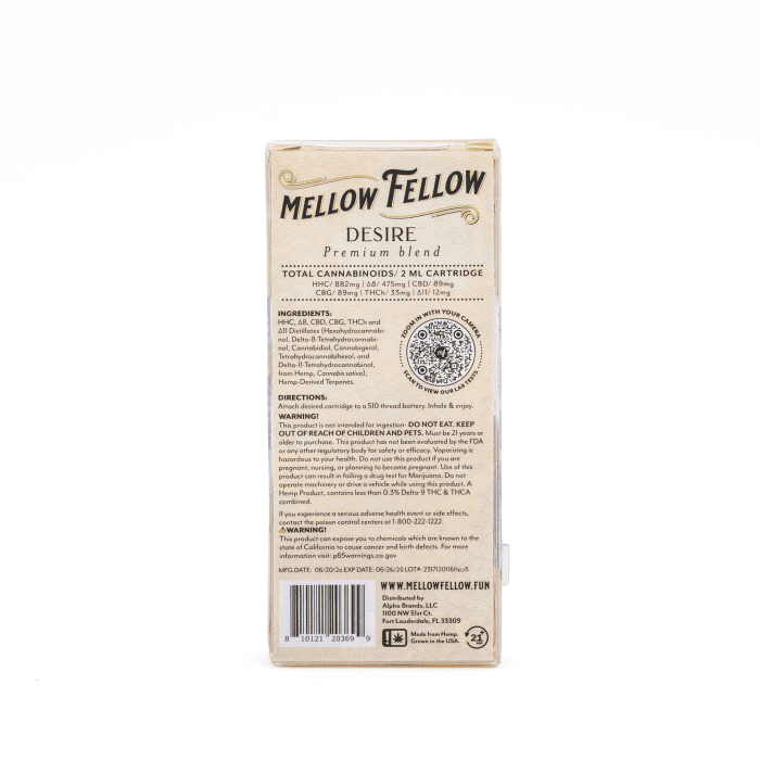 Mellow Fellow 2 gram Desire Blend Vape Cartridge - Mimosa - Box Back