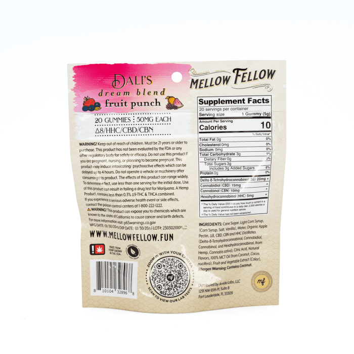 Mellow Fellow Dali's Dream M-Fusion Gummies - Fruit Punch (1000 mg Total Cannabinoids) - Bag Back