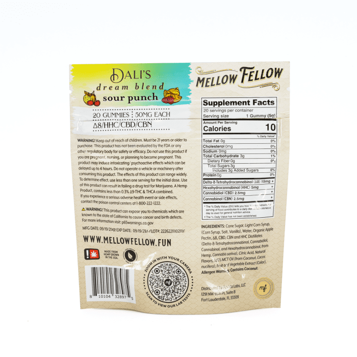Mellow Fellow Dali's Dream M-Fusion Gummies - Sour Punch (1000 mg Total Cannabinoids) - Bag Back