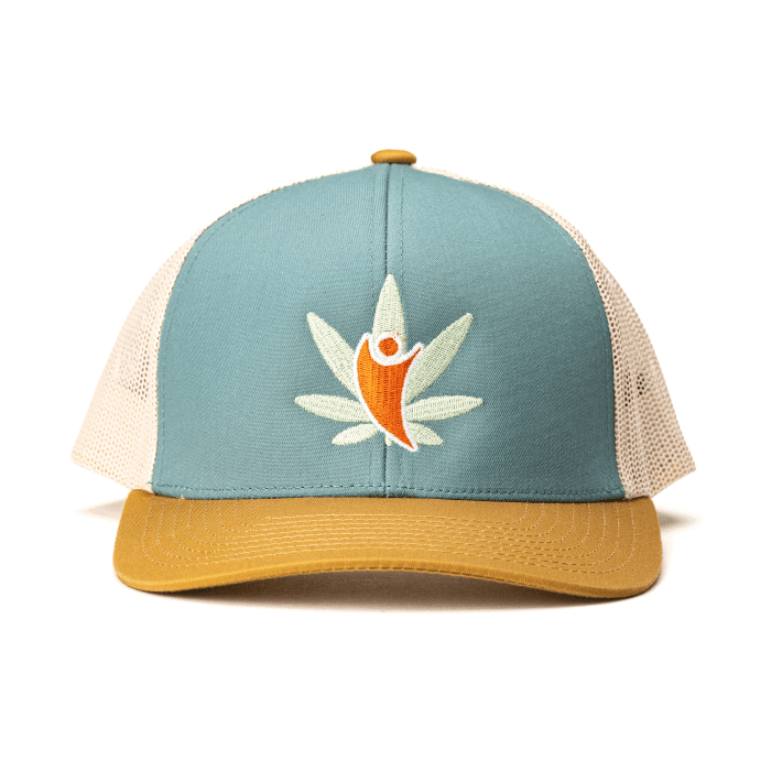 CannaBuddy Trucker Hat - Teal and Khaki - Front