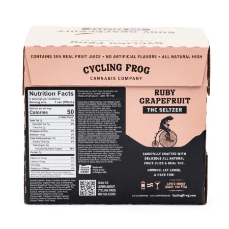 Cycling Frog THC + CBD Seltzer 6 Pack – Ruby Grapefruit (30 mg Delta 9 THC + 60 mg CBD Total) - box back