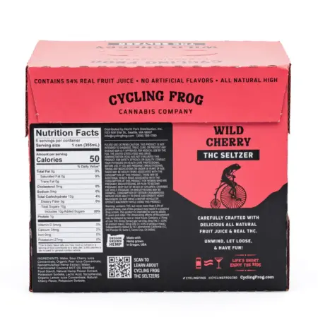 Cycling Frog THC + CBD Seltzer 6 Pack – Wild Cherry (30 mg Delta 9 THC + 60 mg CBD Total) - box back