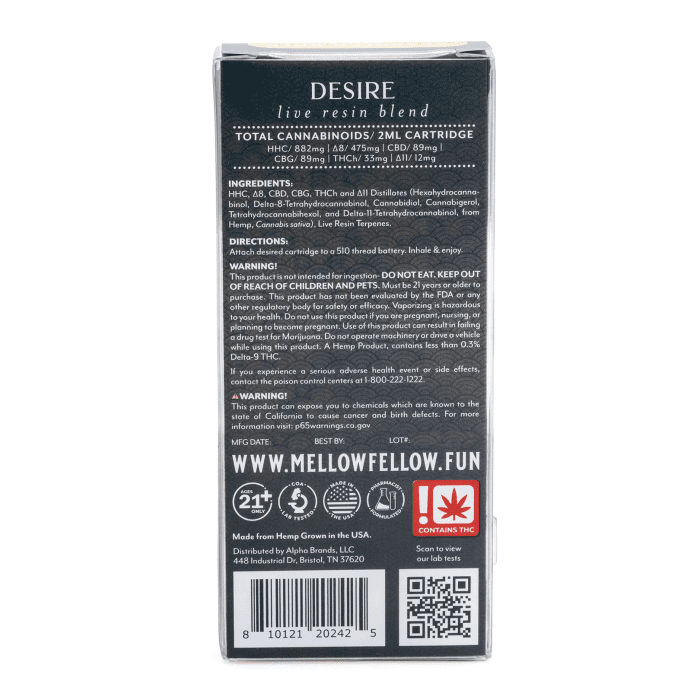 Mellow Fellow Desire Blend Live Resin Vape Cartridge - Acapulco Gold - Box Back