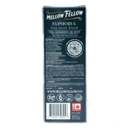 Mellow Fellow Euphoria Blend Live Resin Disposable Vape - Green Crack - box back