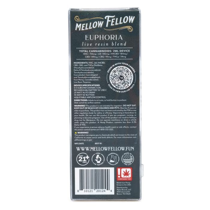 Mellow Fellow Picasso's Euphoria Blend Live Resin Disposable Vape - Strawberry Amnesia - box back