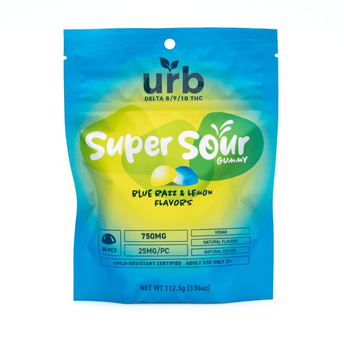 Urb Delta-8 Delta-9 Delta-10-THC Super Sour Gummies - Blue Razz and Lemon (750 mg Total cannabinoids) - Bag Front