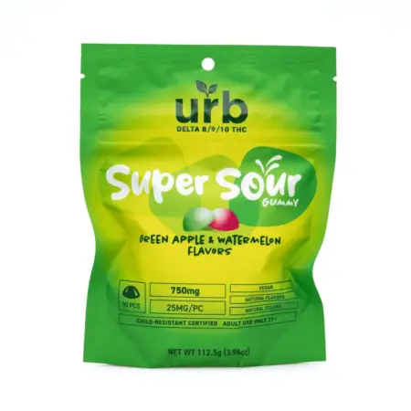 Urb Delta-8 Delta-9 Delta-10-THC Super Sour Gummies - Green Apple and Watermelon - Bag Front
