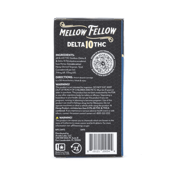 Mellow Fellow Delta 10 THC 1 gram Vape Cartridge - Blueberry OG - Box Back