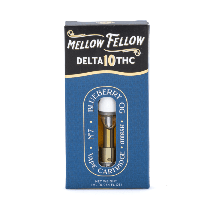 Mellow Fellow Delta 10 THC 1 gram Vape Cartridge - Blueberry OG - Box Front