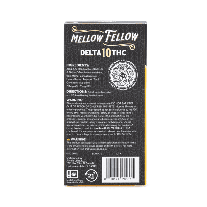 Mellow Fellow Delta 10 THC 1 gram Vape Cartridge - Pineapple Express - Box Back