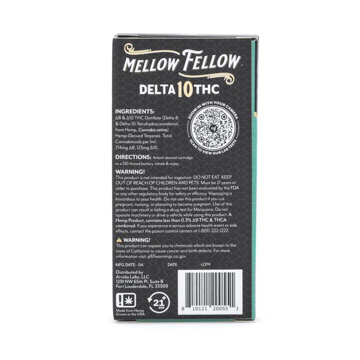 Mellow Fellow Delta 10 THC 1 gram Vape Cartridge - Sour Diesel - Box Back