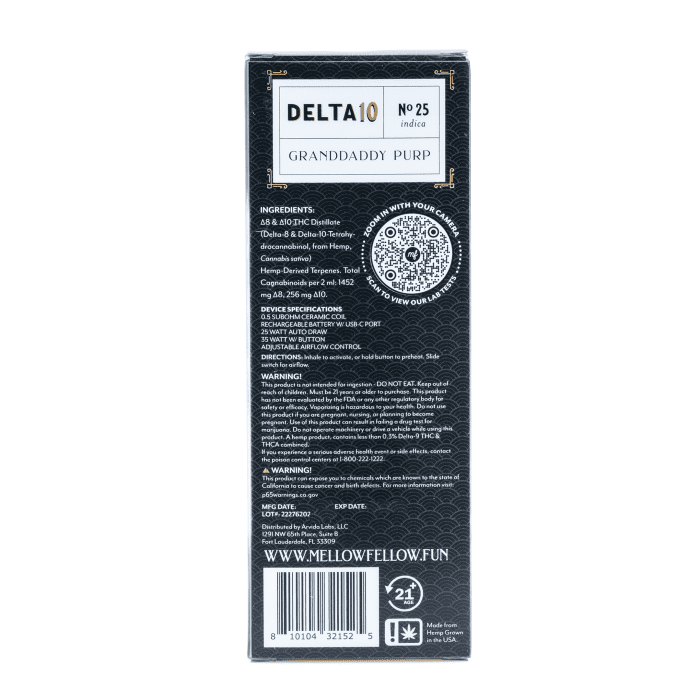 Mellow Fellow Delta 10 THC 2 gram Disposable Vape - Granddaddy Purp - Box Back