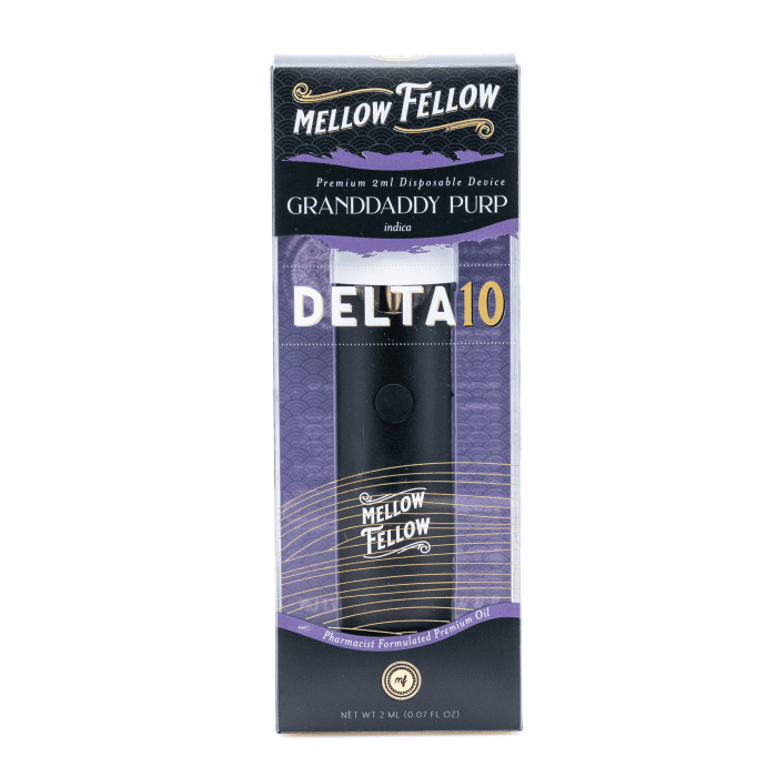 Mellow Fellow Delta 10 THC 2 gram Disposable Vape - Granddaddy Purp - Box Front
