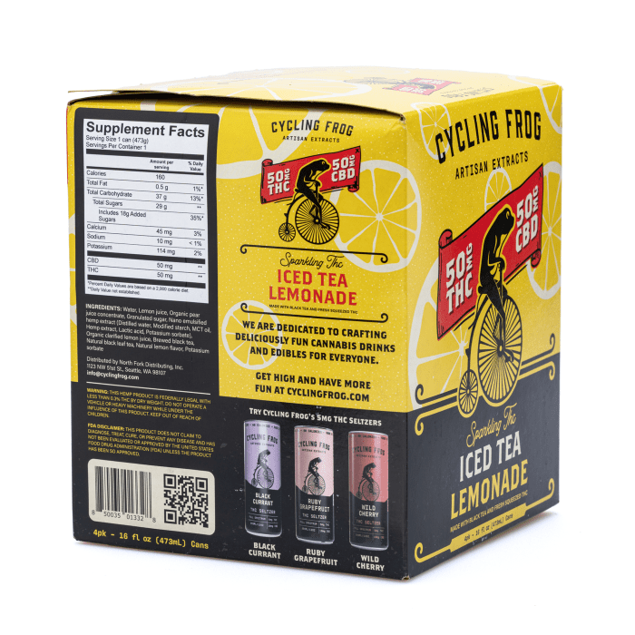 Cycling Frog High Potency THC + CBD Seltzer 4 Pack - Iced Tea Lemonade (200 mg Delta 9 THC - Box Back