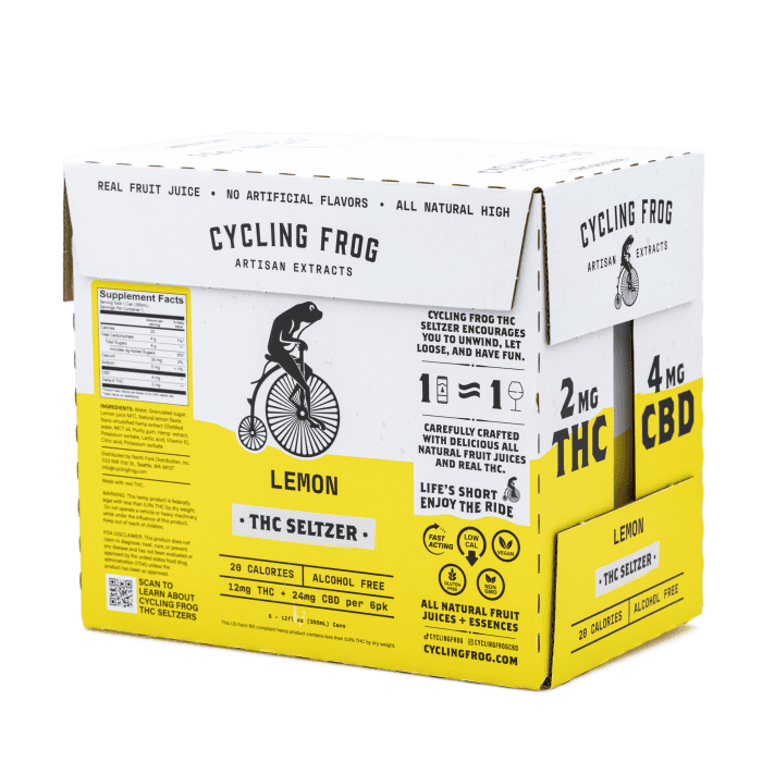 Cycling Frog THC + CBD Light Seltzer 6 Pack - Lemon (12 mg Delta 9 THC + 24 mg CBD Total) - Box Back