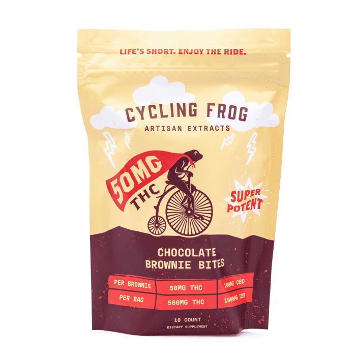 Cycling Frog THC + CBD Chocolate Brownie Bites - 10 ct (500 mg Delta 9 THC + 1000 mg CBD T - Bag Front