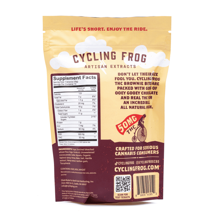 Cycling Frog THC + CBD Chocolate Brownie Bites - 10 ct (500 mg Delta 9 THC + 1000 mg CBD To - Bag Back