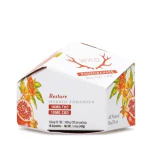 Wyld Delta 9 CBD Restore Gummies - Pomegranate - 10 Count (100 mg Delta 9 THC + 100 mg CBD Total) - Box Front