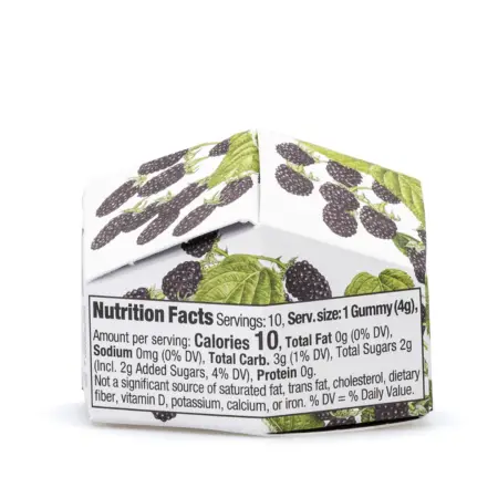 Wyld Delta 9 THC Mellow Indica Gummies - Marionberry - 10 Count (100 mg Delta 9 THC Total) - Box Back